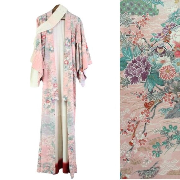 Japanese Mid-Century Kimono Floral Pink‎ Dress OS - Picture 1 of 9